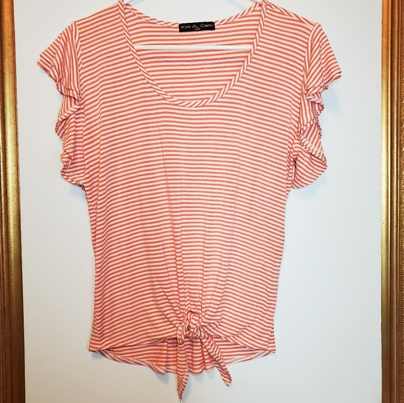 Kim & Cami Off Shoulder Front Tie Candy Stripe Top - Picture 1 of 9